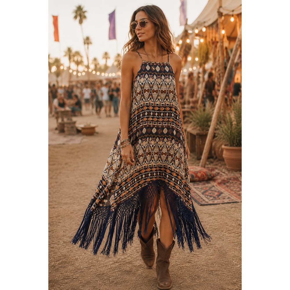 Live 4 Truth Tribal Print Fringe Hem Halter Maxi Dress Navy Orange White Medium